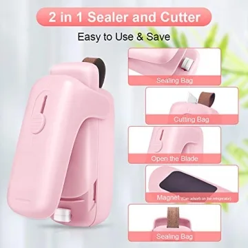 EZCO Bag Sealer Mini, Handheld Bag Heat Vacuum Sealer, 2 in 1 Heat Sealer & Cutter Portable Bag Resealer Machine Food Saver for Plastic Bags Storage Snack Cookies Fresh (Battery Included)
