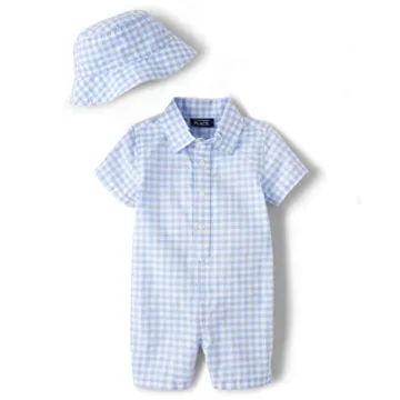 The Children’s Place Baby Boy Newborn 2-Piece Romper and Hat Set in Light Blue Gingham 0-3 Months