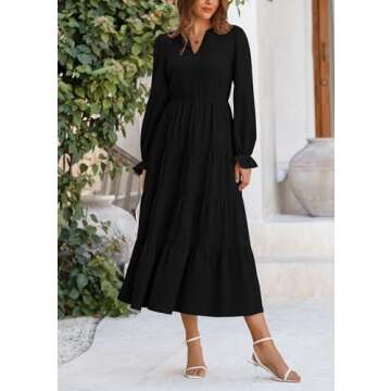 PRETTYGARDEN Women's Spring Fall Maxi Dress Long Sleeve V Neck Tiered Ruffle Flowy A Line Cocktail Party Dresses (Black,Large)