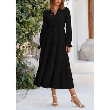 PRETTYGARDEN Women's Spring Fall Maxi Dress Long Sleeve V Neck Tiered Ruffle Flowy A Line Cocktail Party Dresses (Black,Large)