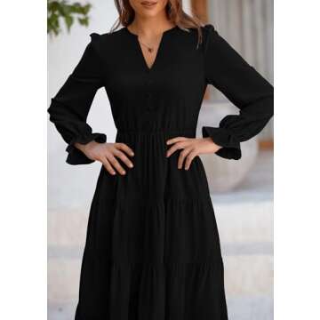 PRETTYGARDEN Women's Spring Fall Maxi Dress Long Sleeve V Neck Tiered Ruffle Flowy A Line Cocktail Party Dresses (Black,Large)