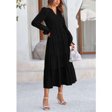 PRETTYGARDEN Women's Spring Fall Maxi Dress Long Sleeve V Neck Tiered Ruffle Flowy A Line Cocktail Party Dresses (Black,Large)