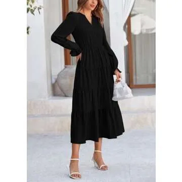 PRETTYGARDEN Women's Spring Fall Maxi Dress Long Sleeve V Neck Tiered Ruffle Flowy A Line Cocktail Party Dresses (Black,Large)