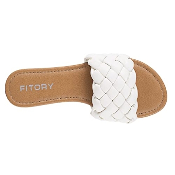 FITORY Womens Flat Sandals Fashion Round Open Toe Slip On Slides with Braided Strap Slippers for Summer Size 7 White