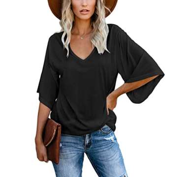 cordat Women's Blouse Tops 2023 Fashion V Neck 3/4 Sleeve Shirt Black Loose Fitting Tops for Women