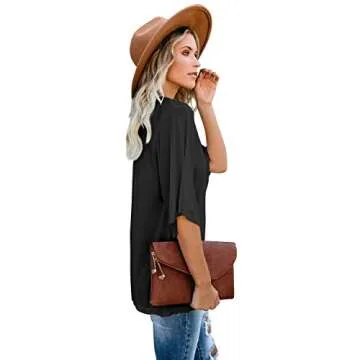 cordat Women's Blouse Tops 2023 Fashion V Neck 3/4 Sleeve Shirt Black Loose Fitting Tops for Women