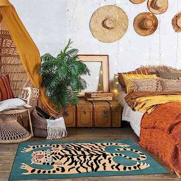 Tiger Rug for Bedroom Vintage Boho 2x3 ft Small Area Rug Washable Funky Carpet for Kids Room Non-Slip Abstract Cartoon Cute Bathroom Door Mats Green