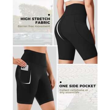 Biker Shorts Women 8" Inch High Waisted Tummy Control Yoga Stretchy Shorts Athletic Running Workout Leggings One Pockets Spandex Soft Compression Shorts Tights Knee Length Ladies 2 Pack Black