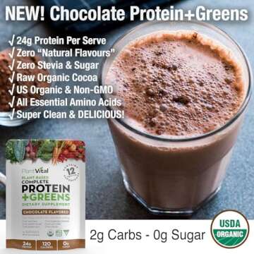 PlantVital Vegan Protein Powder Plant Based, Organic Protein Powder Chocolate, 24g/0g sugar, 12 Superfoods, Veggies, Probiotics, Raw Cocoa, Kale, Beets, Spirulina, Pea, Gluten-Free, Keto-Friendly,16oz
