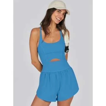 Caracilia Women's Workout Athletic Romper Summer Sets Short Jumpsuits Onesie Running Outfits Exercise Gym 2025 Trendy Clothes Blue S