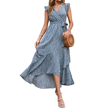 BTFBM Summer Floral Maxi Dress for Women 2025 Vacation Ruffle Sleeve V Neck Belt Wrap Spring Beach W...