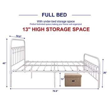 TUSEER Metal Bed Frame Full Size with Vintage Headboard and Footboard Platform Base Wrought Iron Bed Frame (Full, White)
