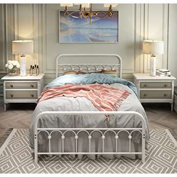 TUSEER Metal Bed Frame Full Size with Vintage Headboard and Footboard Platform Base Wrought Iron Bed Frame (Full, White)