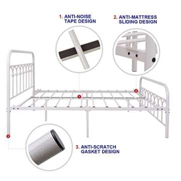 TUSEER Metal Bed Frame Full Size with Vintage Headboard and Footboard Platform Base Wrought Iron Bed Frame (Full, White)