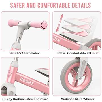 Bobike Toddler Balance Bike Toys for 1 to 3 Year Old Girls Boys Adjustable Seat and Handlebar No-Pedal Training Bike Best Gifts for Kids (Pink)