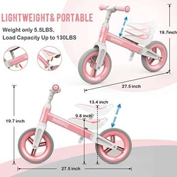 Bobike Toddler Balance Bike Toys for 1 to 3 Year Old Girls Boys Adjustable Seat and Handlebar No-Pedal Training Bike Best Gifts for Kids (Pink)