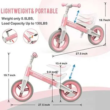 Bobike Toddler Balance Bike Toys for 1 to 3 Year Old Girls Boys Adjustable Seat and Handlebar No-Pedal Training Bike Best Gifts for Kids (Pink)