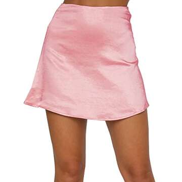 LYANER Women's Casual Satin Silk High Waist Zipper Mini Short Skirt Solid Pink#1 Medium