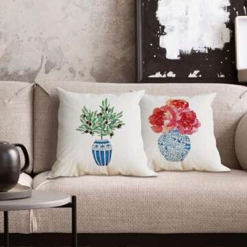 Voatok Chinoiserie Plant Watercolor Flowers Botanical Plant in Vase Pillow Case Set of 4,18x18 inch Home Bedroom Farmhouse Garden Bench Decor Cushion Cover,Gift for Women Girls Flowers Plants Lovers