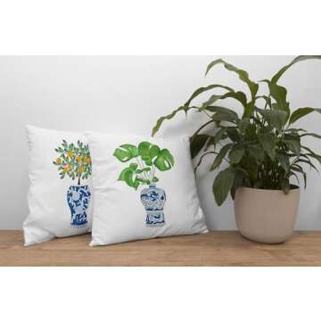 Voatok Chinoiserie Plant Watercolor Flowers Botanical Plant in Vase Pillow Case Set of 4,18x18 inch Home Bedroom Farmhouse Garden Bench Decor Cushion Cover,Gift for Women Girls Flowers Plants Lovers