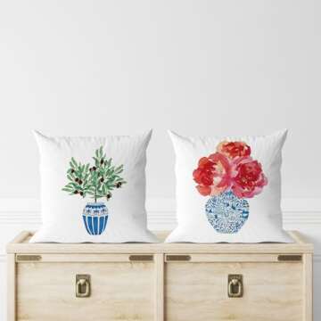 Voatok Chinoiserie Plant Watercolor Flowers Botanical Plant in Vase Pillow Case Set of 4,18x18 inch Home Bedroom Farmhouse Garden Bench Decor Cushion Cover,Gift for Women Girls Flowers Plants Lovers