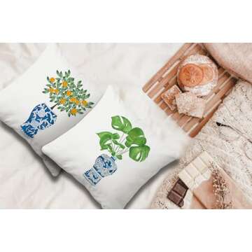 Voatok Chinoiserie Plant Watercolor Flowers Botanical Plant in Vase Pillow Case Set of 4,18x18 inch Home Bedroom Farmhouse Garden Bench Decor Cushion Cover,Gift for Women Girls Flowers Plants Lovers