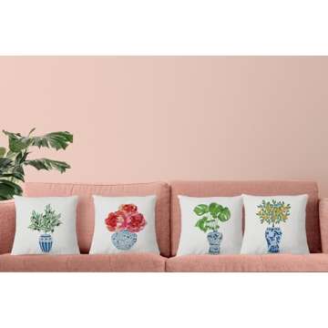 Voatok Chinoiserie Plant Watercolor Flowers Botanical Plant in Vase Pillow Case Set of 4,18x18 inch Home Bedroom Farmhouse Garden Bench Decor Cushion Cover,Gift for Women Girls Flowers Plants Lovers