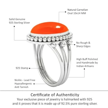Elegant JEWELOPORIUM Orange Carnelian Silver Ring - Size 6.5