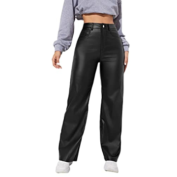 MakeMeChic Women's High Waist Pockets Straight Leg Jeans Leather Look Pants Black M