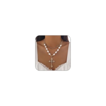 ANGLEQUEEN Gothic Gold Cross Necklace Gold Rosary Necklace for Women Layered Pearl Cross Necklace Pu...