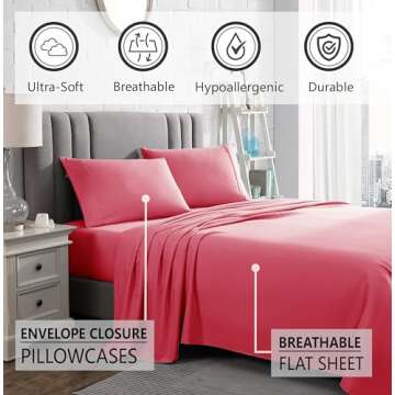 American Home Collection Queen Sheet Set - 16-Inch Deep Pocket - Ultra Soft Microfiber Queen Size Bed Sheets - Breathable, Wrinkle and Fade Resistant, Easy Care - 4 Piece Set (Queen, Pink)