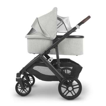 Cruz V2 Stroller -Anthony (White & Grey Chenille/Carbon/Chestnut Leather) + Bassinet - Anthony (White & Grey Chenille/Carbon)