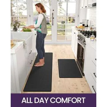 DEXI Kitchen Mats for Floor Cushioned Anti Fatigue, Set of 2, 17x29+17x59, Waterproof Stain Resistant Standing Mat, Supportive Memory Foam Rugs for Front Sink Office Laundry, Black