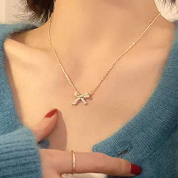 Aneneiceera Fashion Shining Rhinestone Bow Tie Necklace Choker Gold Chain Bling Bow Tie Pendant Necklace Bow Tie Crystal Necklace Jewelry for Women