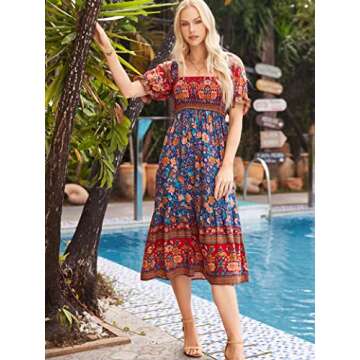 Naggoo Puff Sleeve Smocked Dress Women Summer Bohemian Floral Long Beach Dress Blue