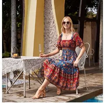 Naggoo Summer Floral Bohemian Puff Sleeve Dress