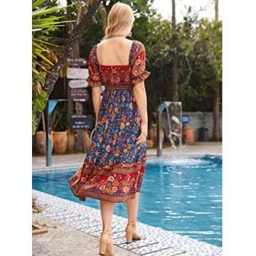 Naggoo Summer Floral Bohemian Puff Sleeve Dress