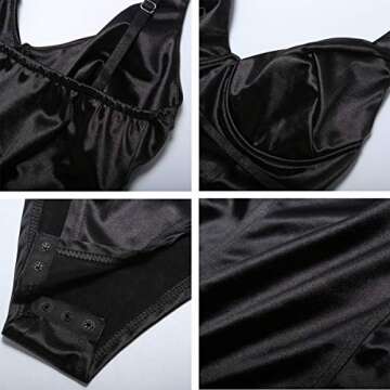 Velius Women's Sexy Deep V Neck Shiny Thong Bodysuit Tank Tops with Underwire (Black, Large)