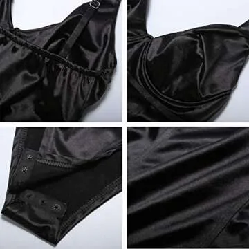 Velius Women's Sexy Deep V Neck Shiny Thong Bodysuit Tank Tops with Underwire (Black, Large)