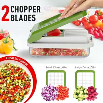 Mueller Vegetable Chopper 9 Blade, Mandoline Slicer, Food Veggie Chopper, Cheese Grater, Onion Vegetable Cutter with Container, Dicer, Kitchen Gadgets & Essentials, White Sand/Green