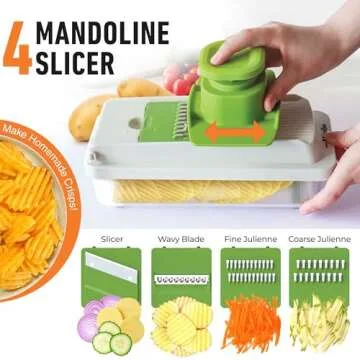 Mueller Vegetable Chopper 9 Blade, Mandoline Slicer, Food Veggie Chopper, Cheese Grater, Onion Vegetable Cutter with Container, Dicer, Kitchen Gadgets & Essentials, White Sand/Green