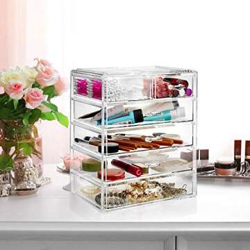 Casafield Acrylic Cosmetic Makeup Organizer & Jewelry Storage Display Case - 4 Large, 2 Small Drawer Set - Clear