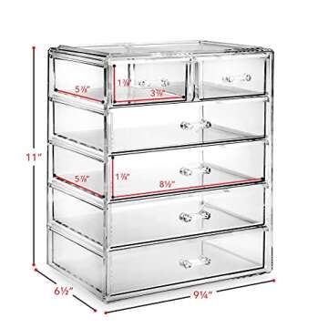 Casafield Acrylic Cosmetic Makeup Organizer & Jewelry Storage Display Case - 4 Large, 2 Small Drawer Set - Clear