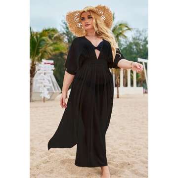IN'VOLAND Womens Plus Size Swimsuit Cover Up Deep V Neck Bathing Suit Swimwear Bikini Coverup Long Split Kaftan Kimono Dress, 26 Plus, Stylish Black
