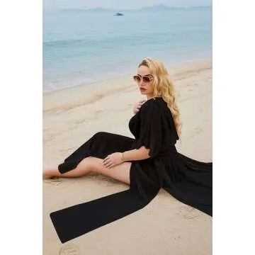 IN'VOLAND Womens Plus Size Swimsuit Cover Up Deep V Neck Bathing Suit Swimwear Bikini Coverup Long Split Kaftan Kimono Dress, 26 Plus, Stylish Black
