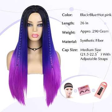 WIGER Long Straight Ombre Wigs Rainbow Mermaid Purple Wigs for Women Black To Blue To Hot Pink No La...