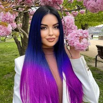WIGER Long Straight Ombre Wigs Rainbow Mermaid Purple Wigs for Women Black To Blue To Hot Pink No Lace Three-Tone Colored Cosplay Hair 26 Inches Synthetic Girls Party Wig