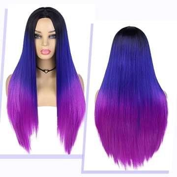 WIGER Long Straight Ombre Wigs Rainbow Mermaid Purple Wigs for Women Black To Blue To Hot Pink No Lace Three-Tone Colored Cosplay Hair 26 Inches Synthetic Girls Party Wig