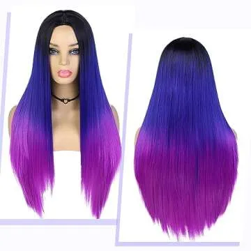 WIGER Long Straight Ombre Wigs Rainbow Mermaid Purple Wigs for Women Black To Blue To Hot Pink No Lace Three-Tone Colored Cosplay Hair 26 Inches Synthetic Girls Party Wig