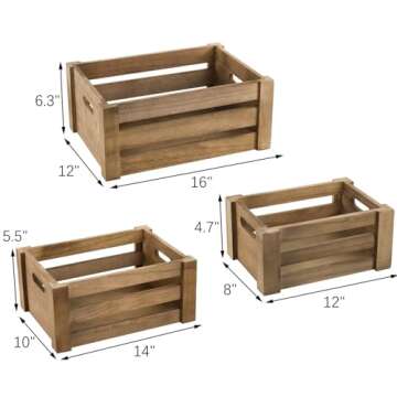 Lawei Set of 3 Wood Nesting Storage Crates with Handle, Rustic Farmhouse Decorative Wooden Crates Di...